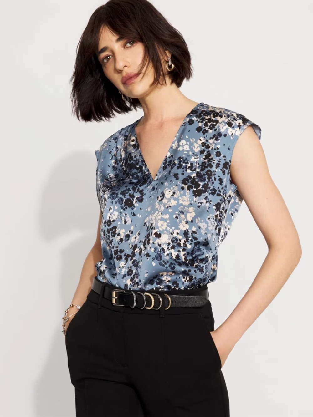 NWT WHBM Satin V-Neck Shell Lilliputian Portrait Blue M